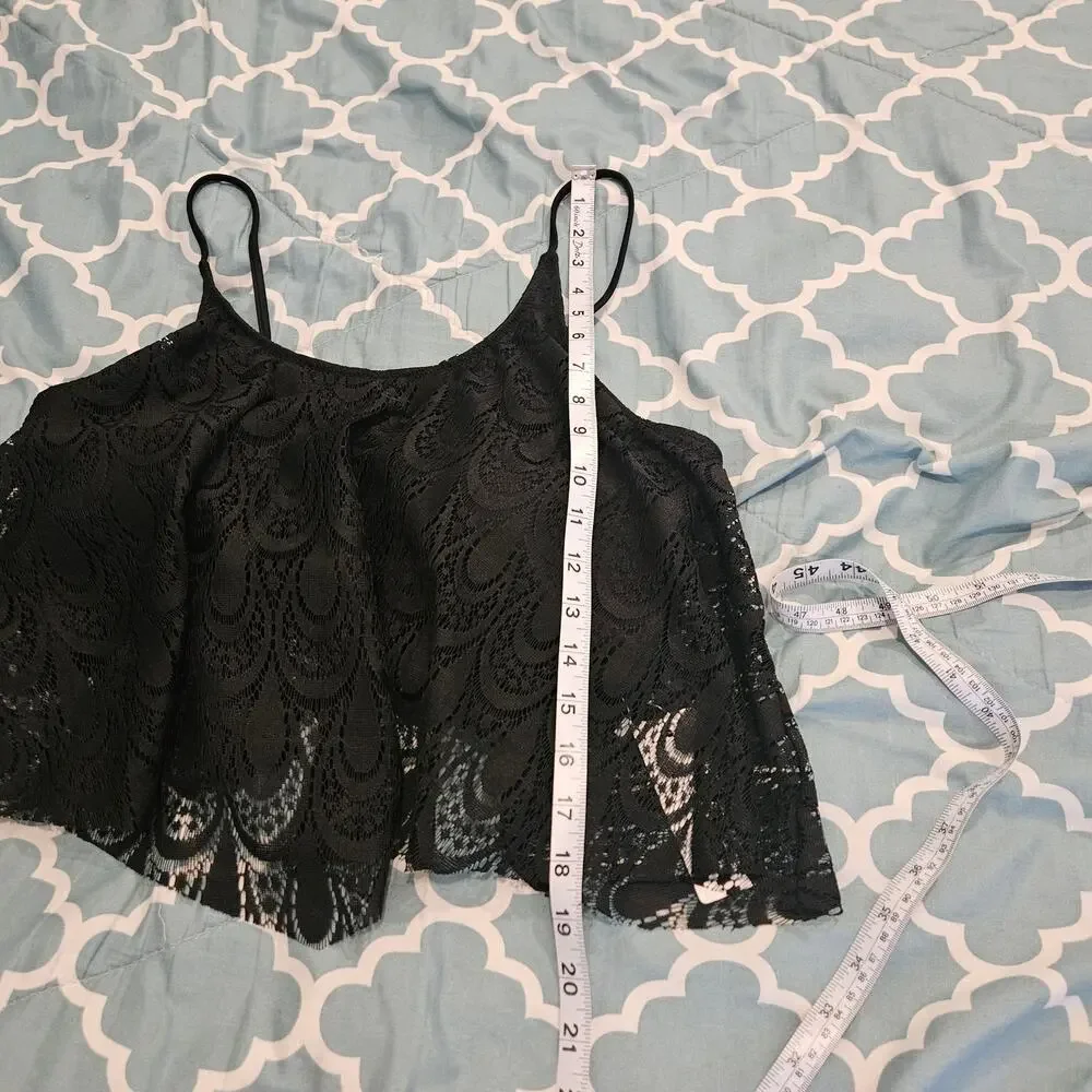 Beachsissi Lace Overlay Bikini Swim Top Women's XL Black Flounce NWT